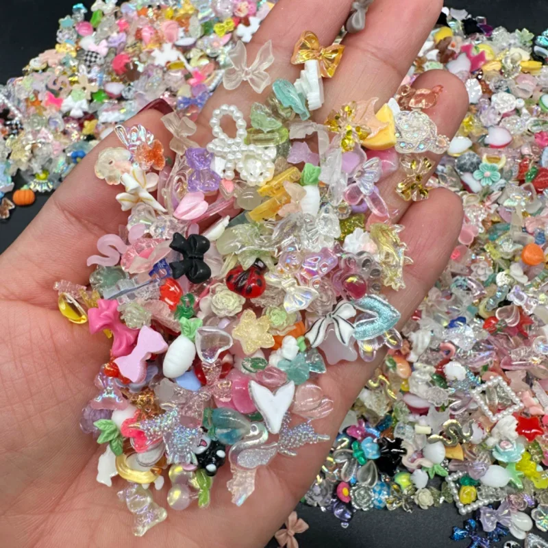 50pcs Mixed 3D Resin Nail Charms Kawaii Accessories 3D Colorful Flower Bow Tie Heart Manicure Jewelry Nail Art Decorations Parts