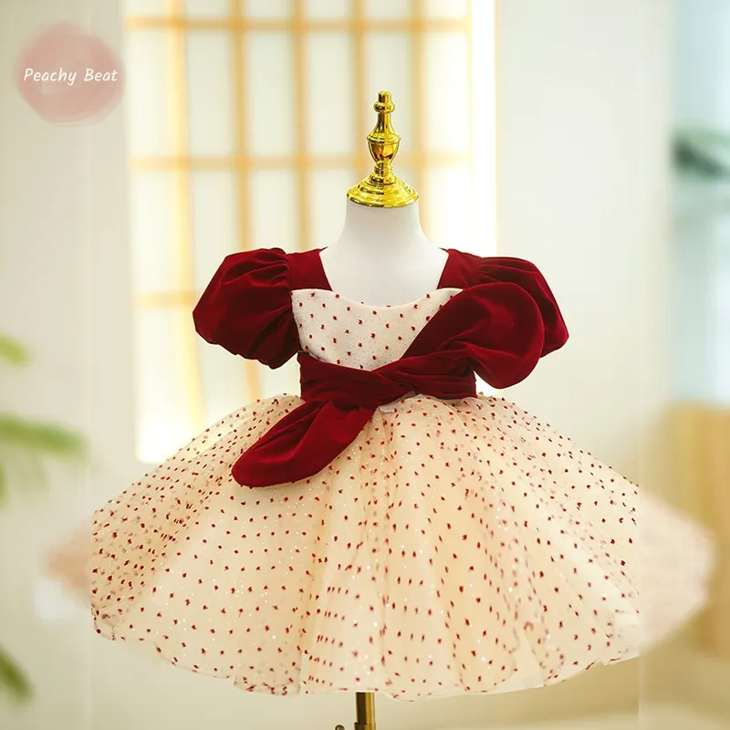 Modna dziewczynka księżniczka sukienka kokardka aksamitna Tutu bufiaste rękawy niemowlę dziecko Teen Dot Vestido impreza widowisko dla dzieci Clothes1-12Y