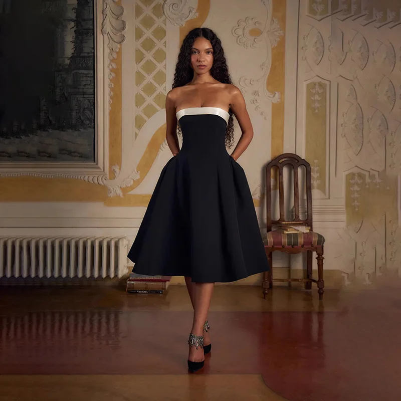 

Осень и зима 2025 г., новое темпераментное сексуальное платье с открытой спиной, большая распашная юбка, облегающее платье контрастного цвета, топ-труба