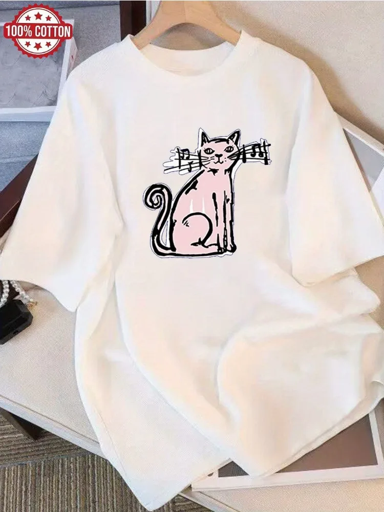 

Women's Casual Short Sleeved T-shirt Made of Pure Cotton Loose Round Neck Cartoon Cat Pattern Printed Daily Comfortable Clothing