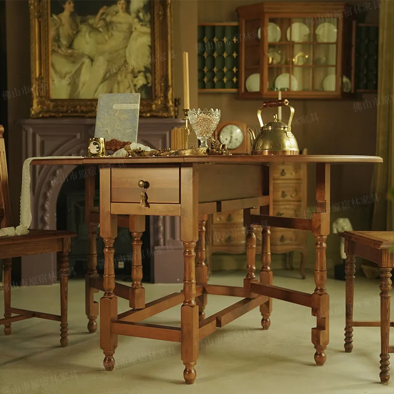 Grandma's group round table solid wood household folding table retro wooden small apartment oval coffee shop table