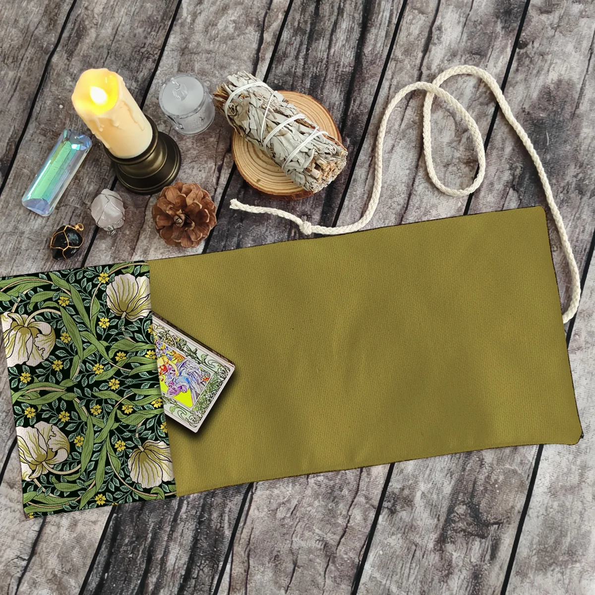 Retro Botanical 2‑in‑1 Tarot Bag Foldable Solid Olive‑Green Blank Divination Mat Drawstring Oracle Card Pouch