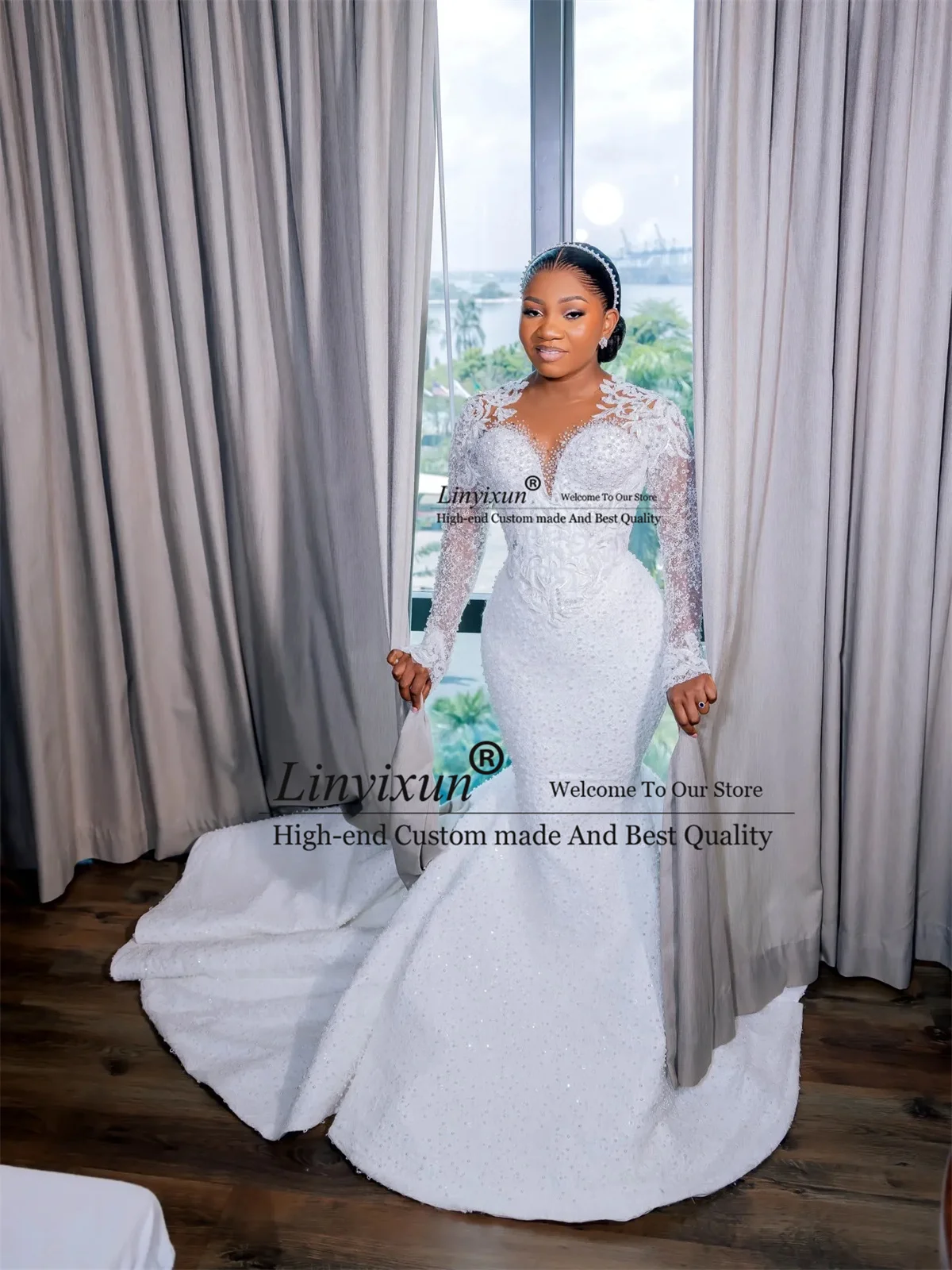 

African Mermaid Wedding Dress With Pearls Lace Sheer Neck Full Sleeves Sequine Bridal Gown Customized Vintage vestido de novia