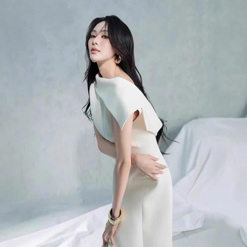 LISM mode femmes robe élégante Patchwork sans manches fendu Satin taille haute robe de soirée 2025 automne nouveau