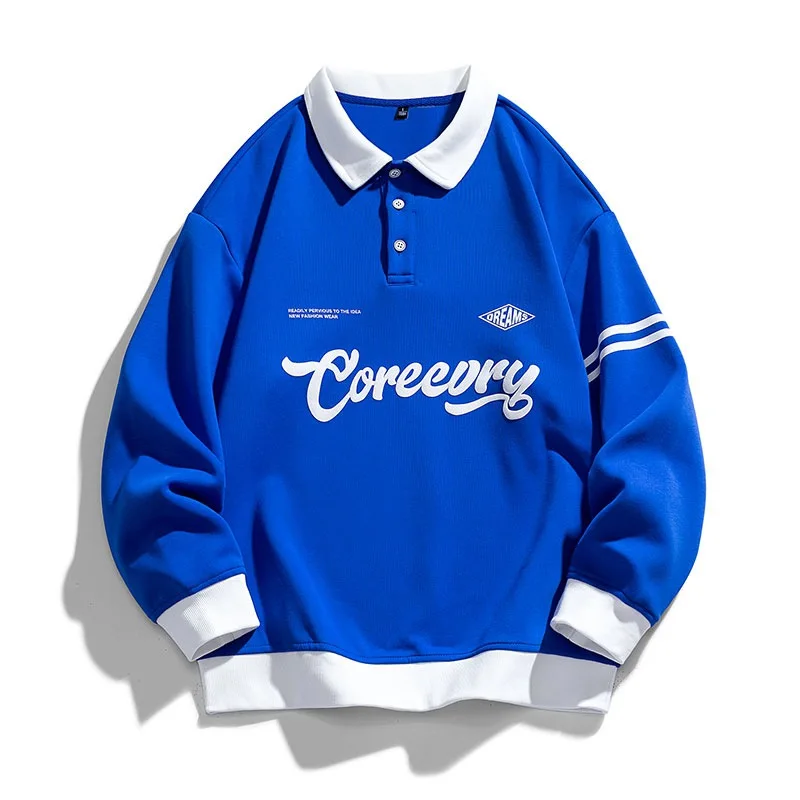 Men\'s Sweatshirts American Vintage Polo Shirt Men Preppy Lapel Couple Pullover Tops Street Color Matching Print Blockcore Jersey