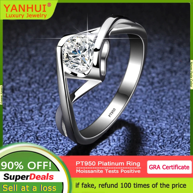 

YANHUI Luxury PT950 Platinum Ring Double Heart Clip 1 Carat Diamond Moissanite Ring Bride Wedding Jewelry Gift for Women