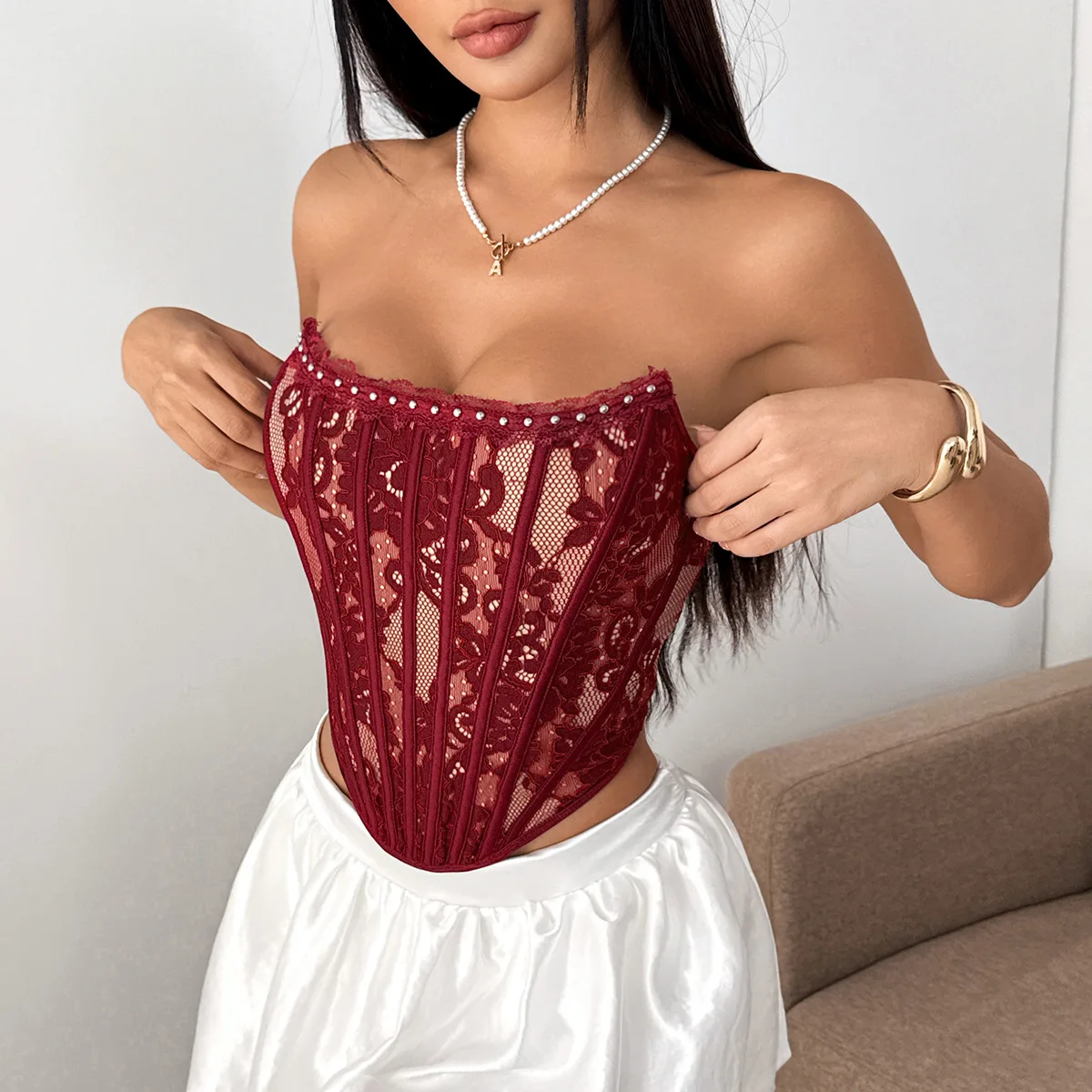 Women Lace Beads Bandeau Sleeveless Tops Vest Push Up Coquette Corset Crop Cami Slim Waist Sexy Tank Tube Top Camisas Clothes
