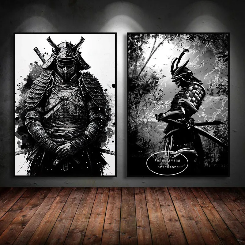 Japan Samurai Black Warrior Bushido Ink Art Retro Posters Canvas Painting Wall Decor Prints Picture for Living Room Home Decor