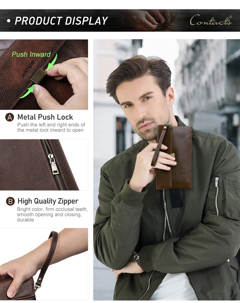 CONTACT'S Handgefertigte Vollnarbenleder-Clutch-Tasche mit RFID-Schutz, Handgelenktasche, Große Kapazität, Herren-Reißverschlusstasche für Business – Detail 14