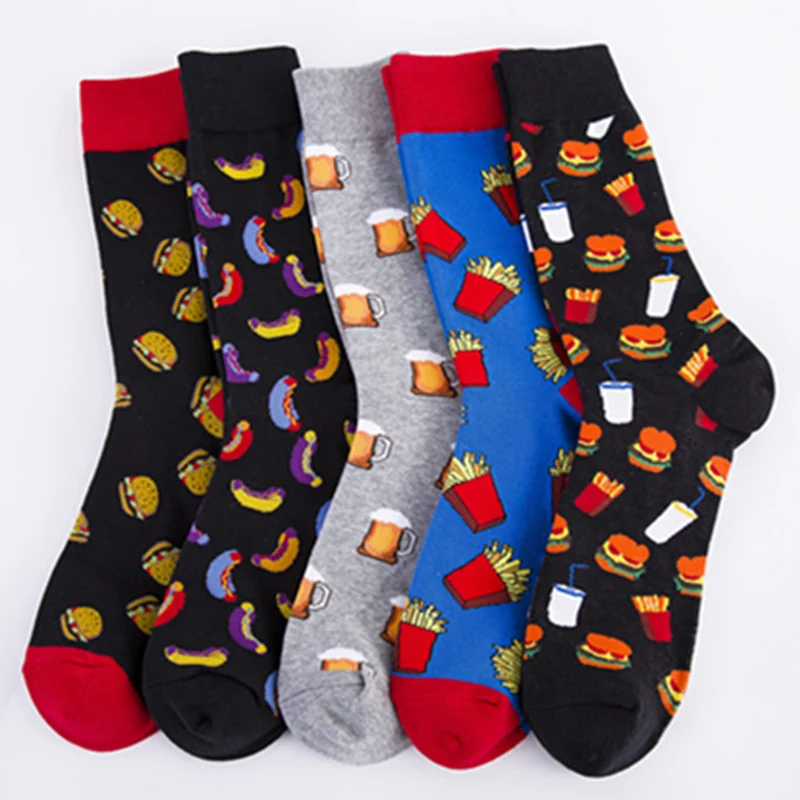 

5 pairs/Pack Creative Combed Cotton Men Socks Cartoon Food Printing Hamburger Beer Happy Funny Harajuku HipHop Street Fashion