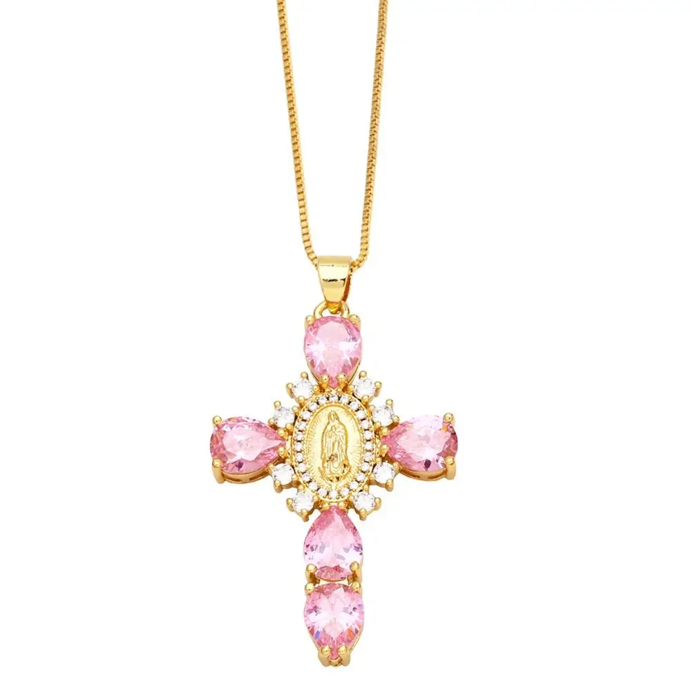 Retro European Style Zircon Cross Necklace Light Gilded Crystal Crucifix Necklace Luxury Mellow Crucifix Pendant Chain Pray