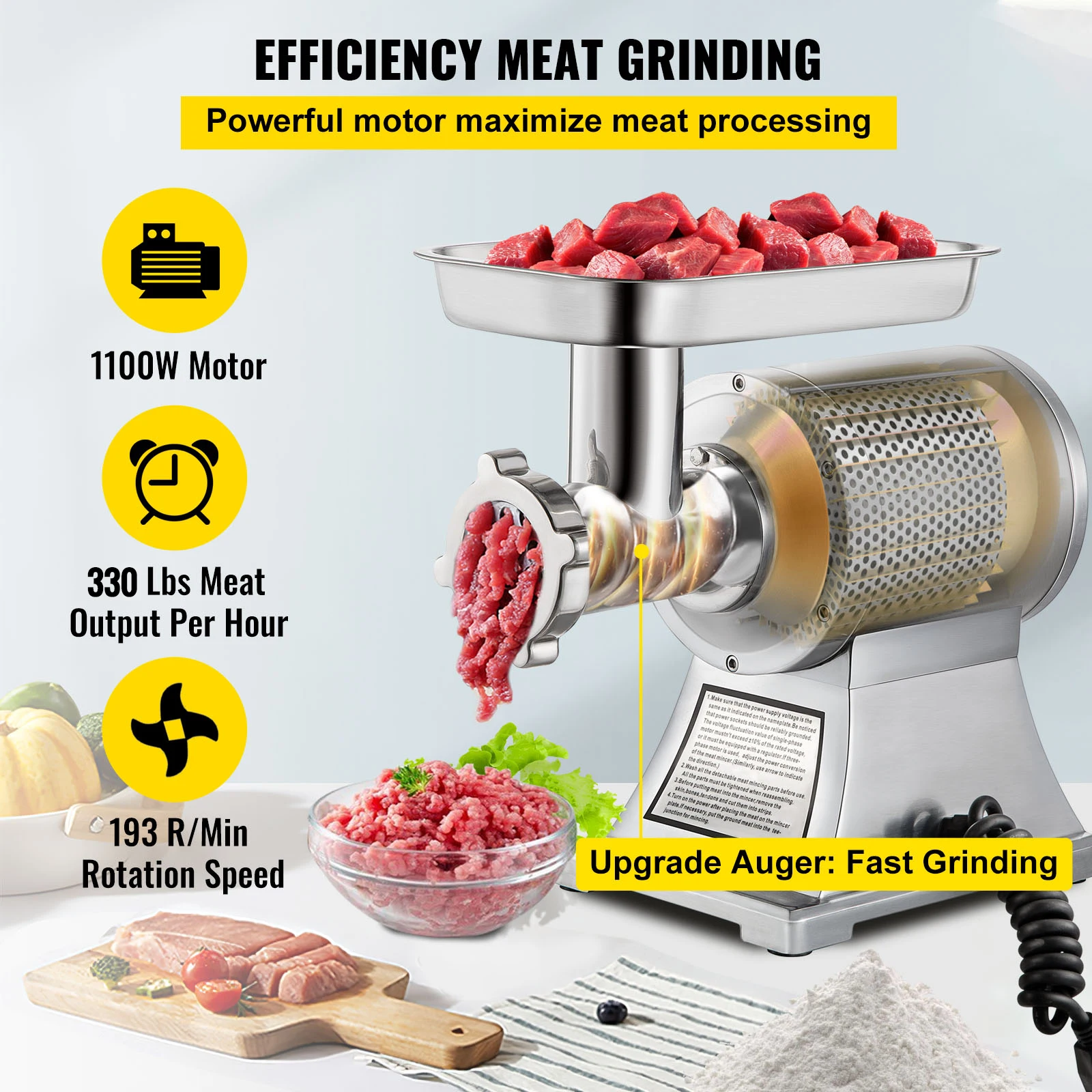 VEVOR 122 kg/h 250 kg/h Hachoir à Viande Électrique 850/1100 W Broyeur à Viande Commercial en Inox Jambon Appareils de Cuisine