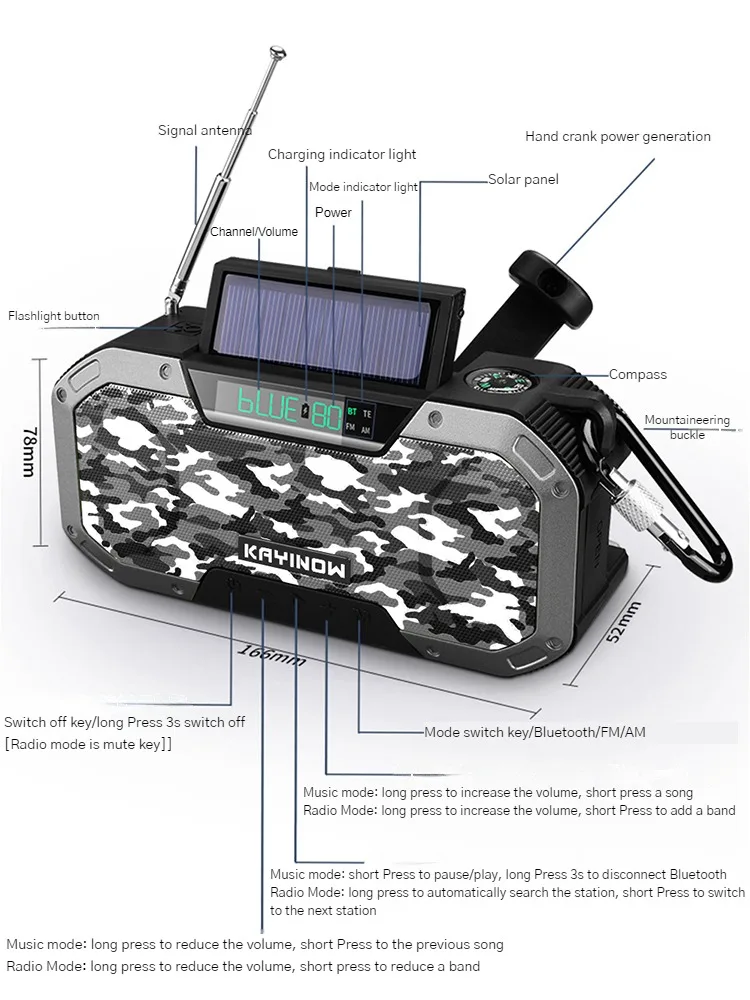 DF-580 Multi-Funcional Rádio Portátil, Equipamento de Emergência ao Ar Livre, Mão Recarregável, Lanterna Impermeável, Solar Bluetooth