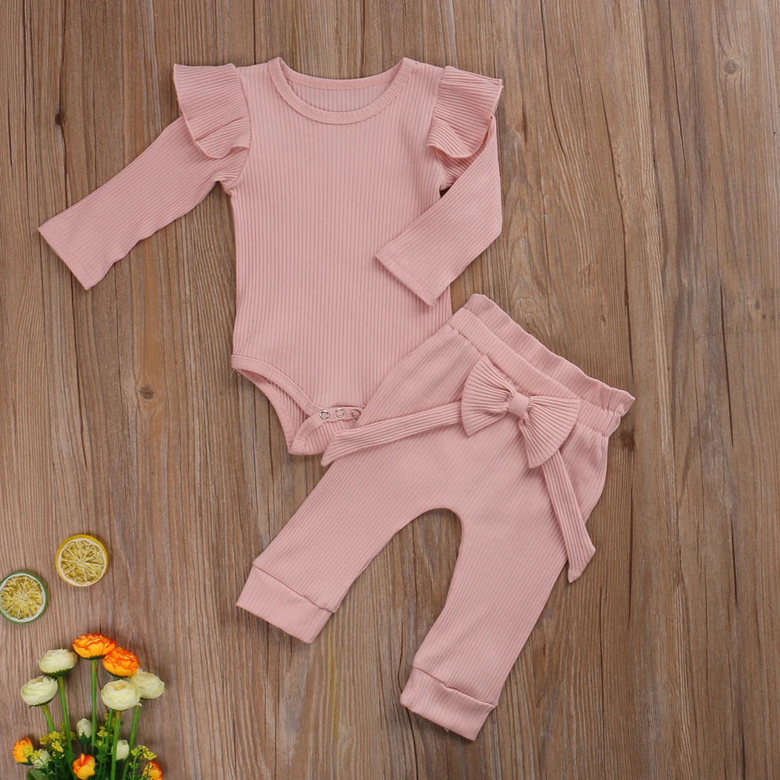 

Adorable Baby Outfit Bundle with Hanging Strip Design Frilly Romper Bow Detail and Stretchy Pants - Sweet and Stylish