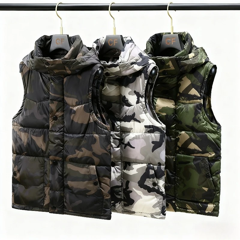 

Camo Vest for Men, 2025 Thickened Military Style Hooded Sleeveless Jacket, Winter Streetwear Coat