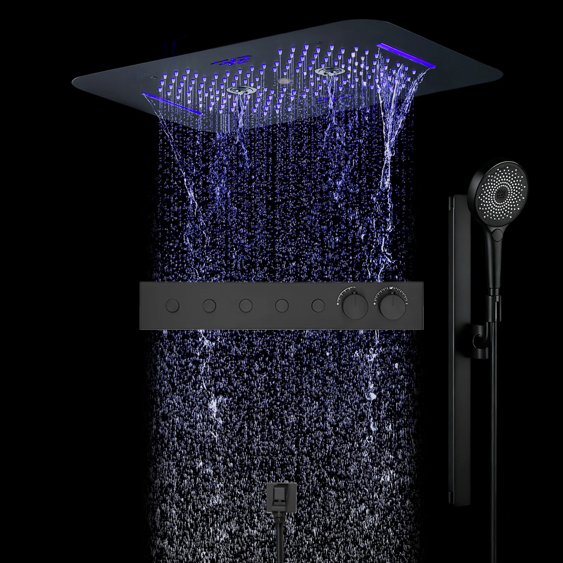 

Qlonn Luxury Smart Shower Set System 5 Functions Thermostatic Diverter LED Lighting Music 638*338mm Embedded Ceiling Shower Head