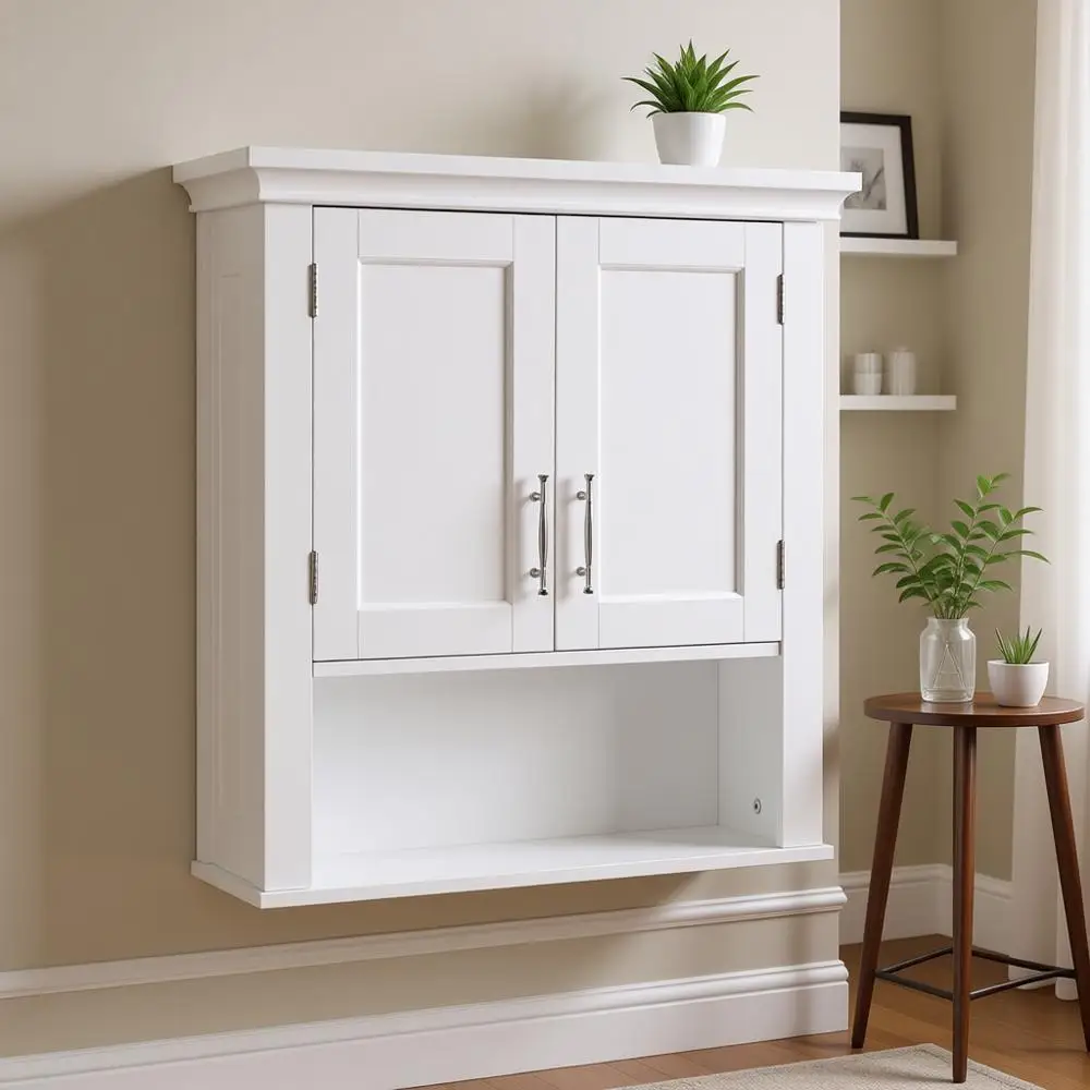 

White Two-Door Wall-Mounted Bathroom and Laundry Storage Cabinet with Adjustable Shelves