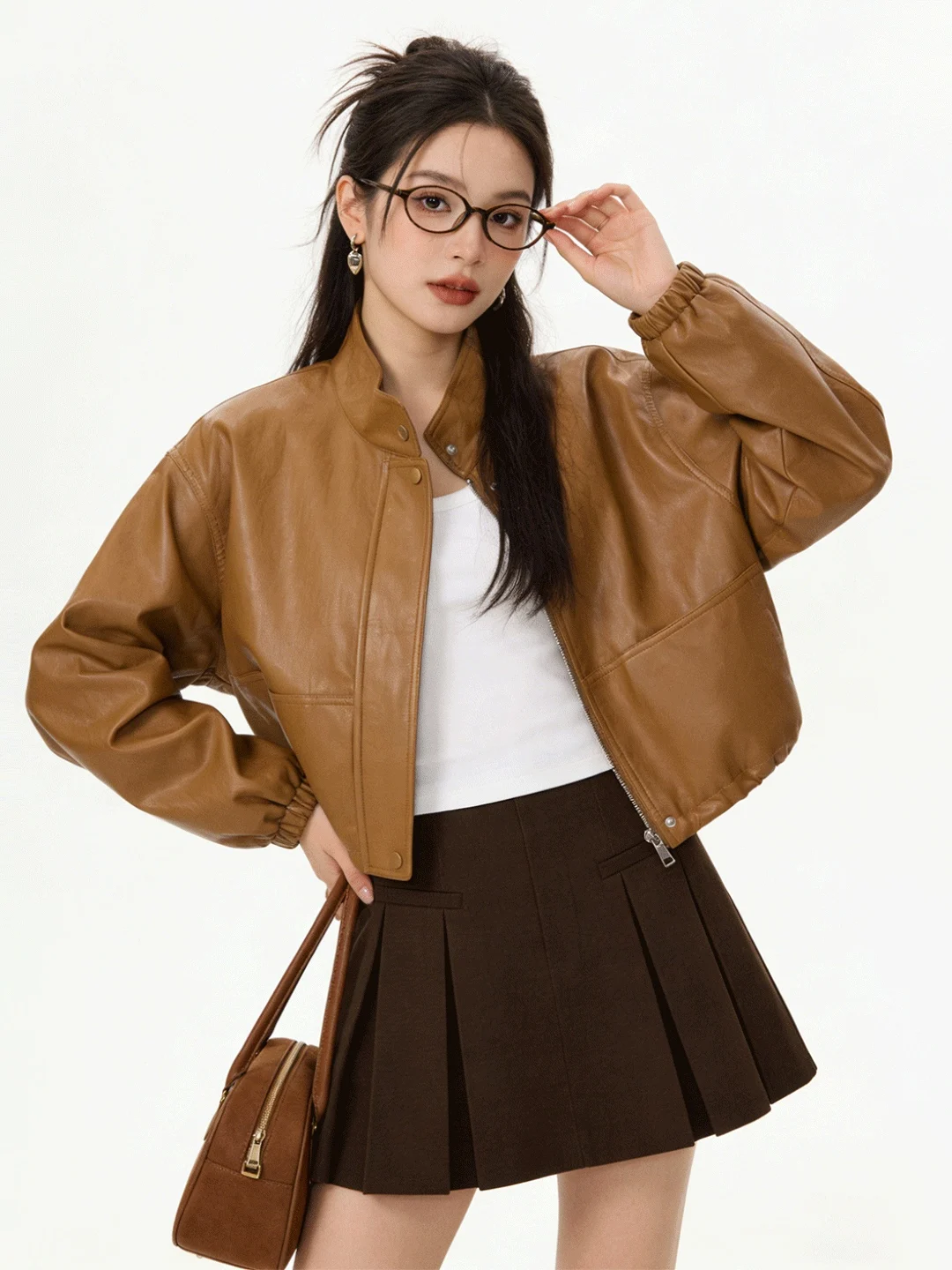 

Vintage Brown Leather Jaet ort Korean Sle Early Spring Commute Versatile Stand Collar Zipper ket PU Material Coat