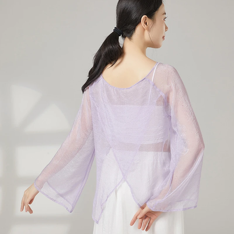 Klassische Tanz Top Frauen Flattern Langarm Gaze Hemd Zurück Split Saree Durchsichtig Fee Bühne Kleidung Leistung Kostüm