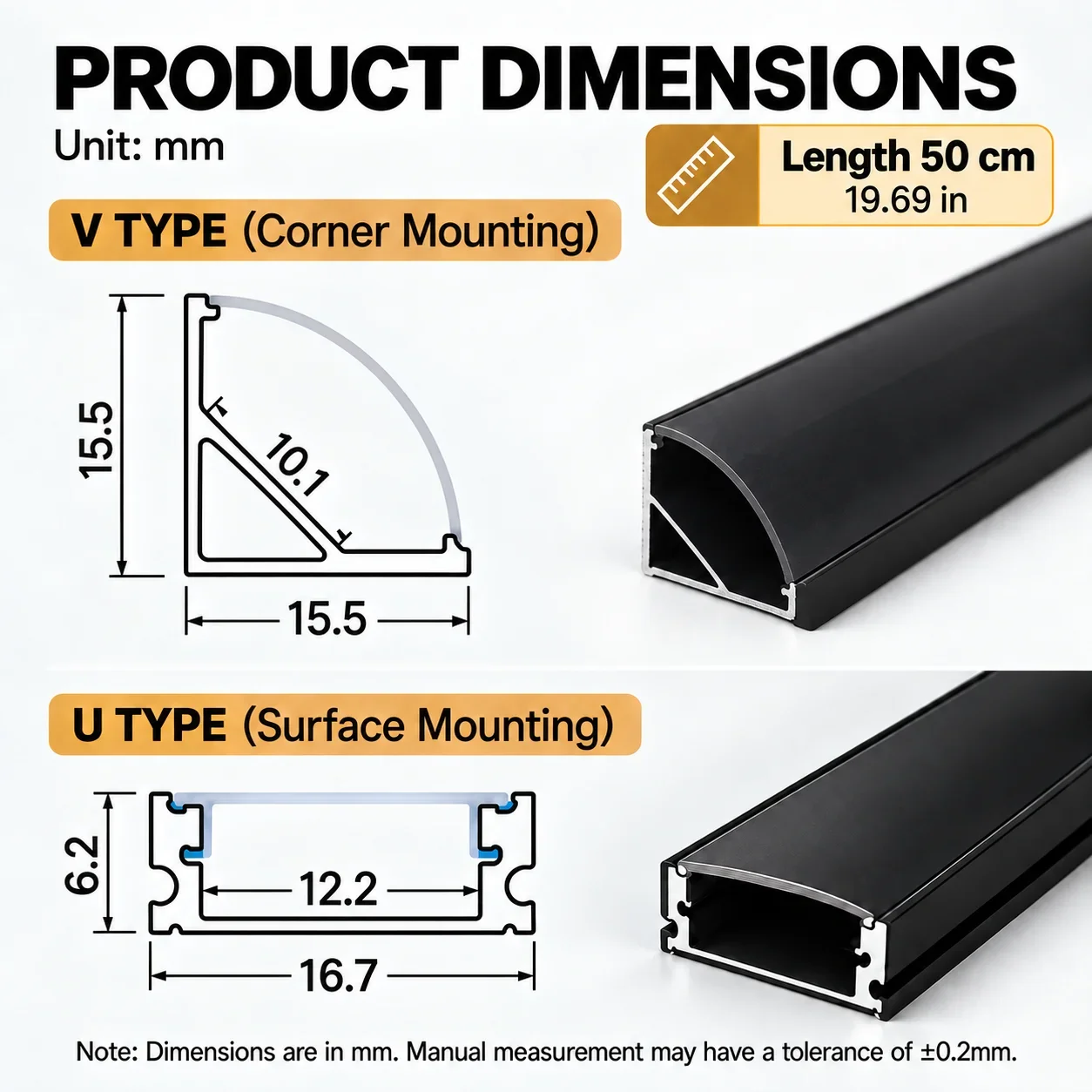 Black Cover 1-30 Pieces/Pack LED Aluminum Profile 0.5m/Piece U/V Shape Suitable For 8-12mm LED Light Strip Housing Channel