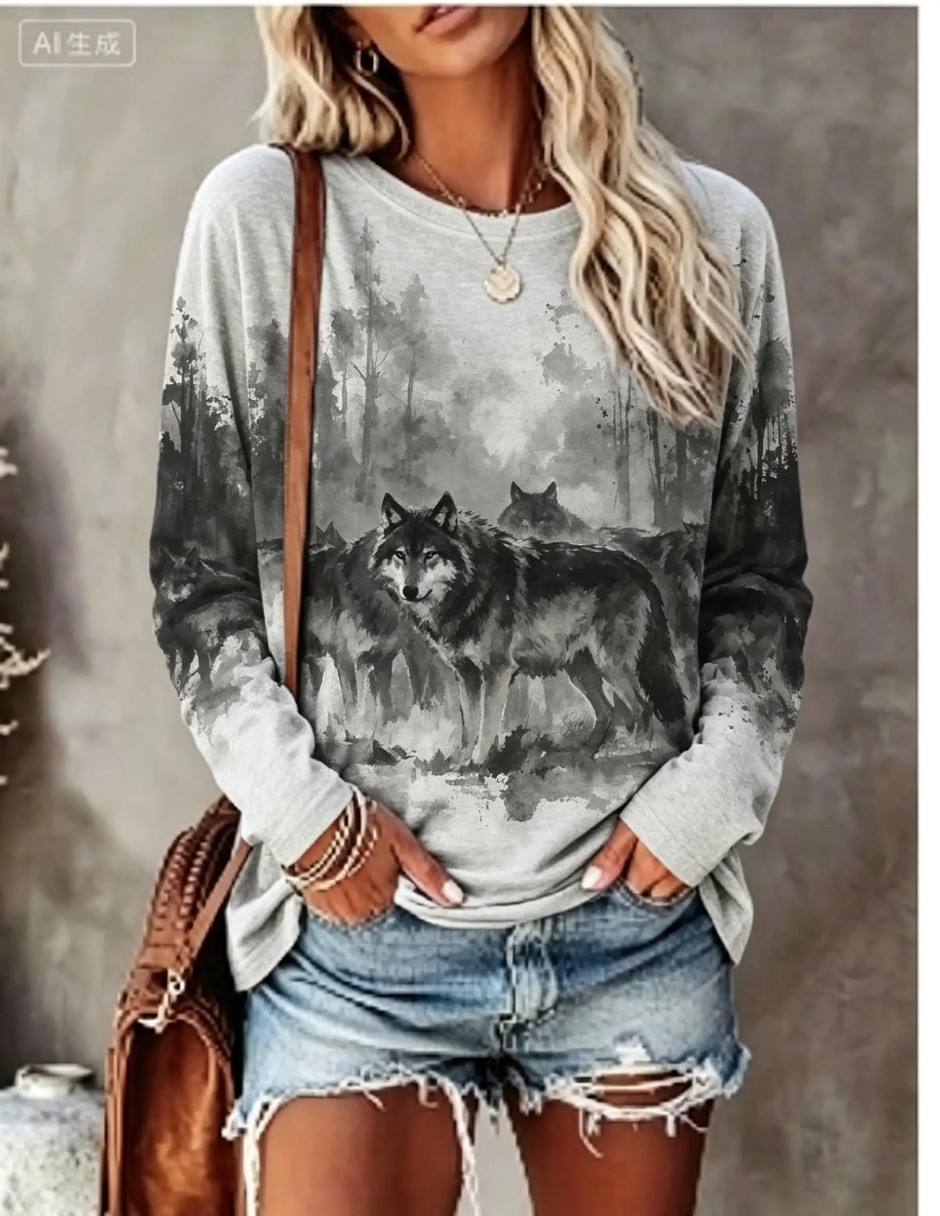 Women Long Sleeve T‑Shirt Wolf Forest Mountain Watercolor Gradient Print Crew Neck Casual Fall Tops