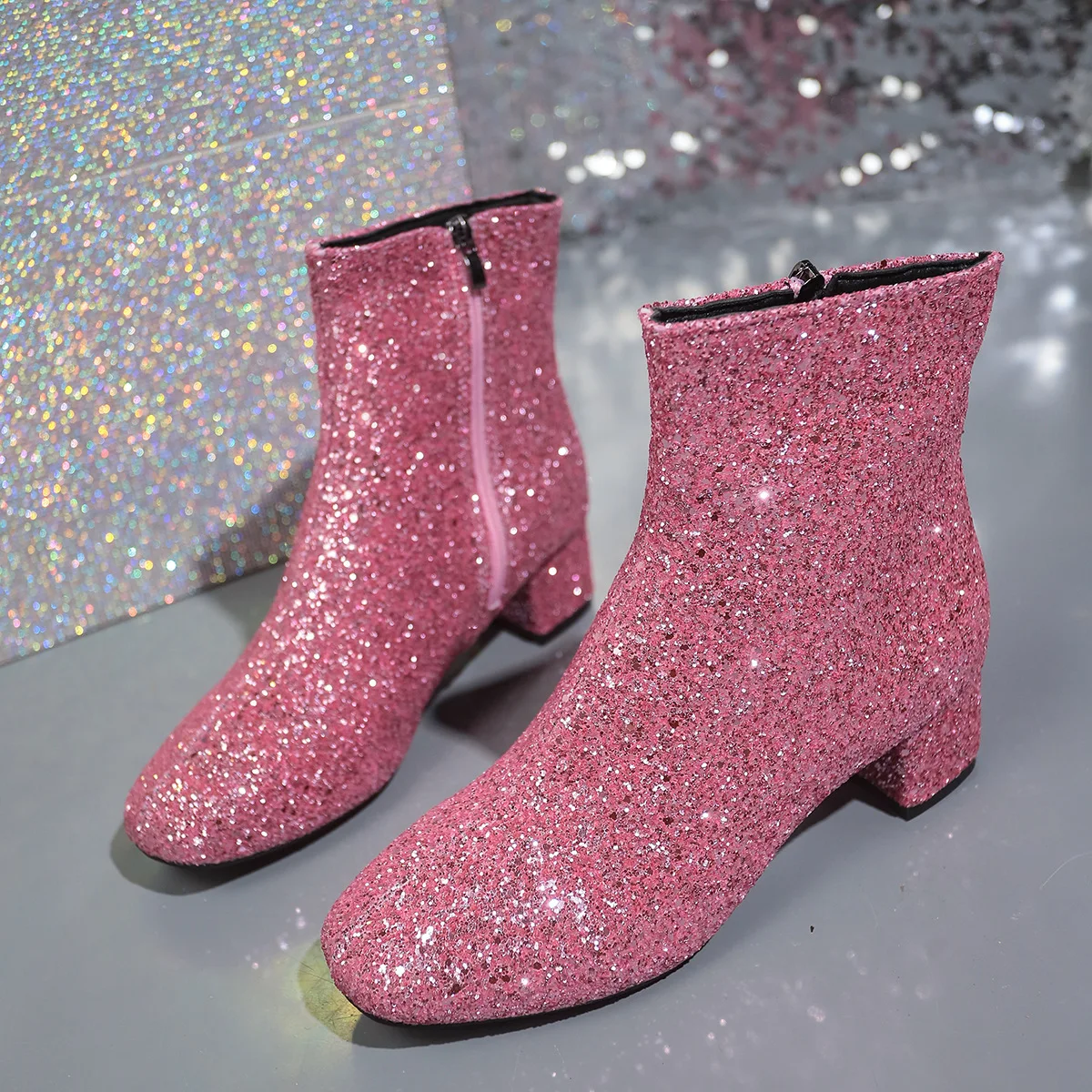 Fashion Sequins Women Boots Pink Ladies Plus Size Round Toe Ankle Boots Glitter Casual Chunky Heel Short Boots Party High Heels