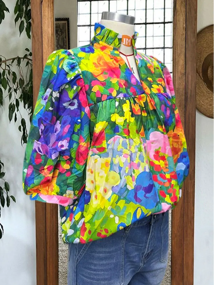 Elegant Contrast Floral Print Top Women Casual Loose Shirts Collar Blouse