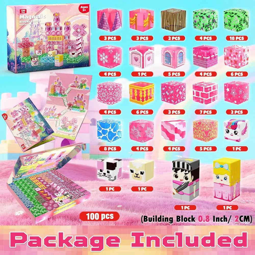 透明な磁気ブロック100ピースセット、4～12歳のお子様向け、ピンクのプリンセス城テーマ、女の子への理想的な贈り物