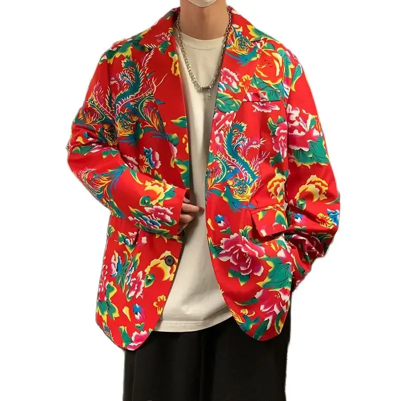 New Trend Men's Fancy Blazer Jacket Festive Design Clothes Full Flower Printing Party Streetwear Oversized Suit Coat Black Red