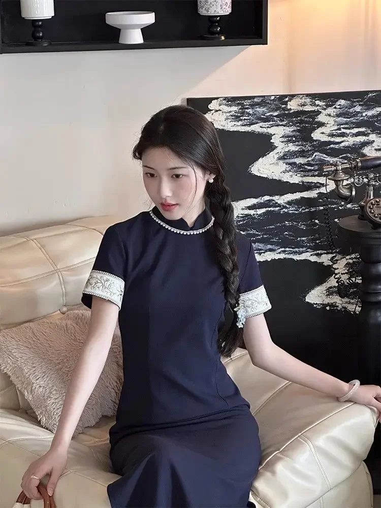 

Синий Cheongsam в китайском стиле в стиле ретро, элегантное улучшенное платье Ципао с воротником-стойкой, повседневное платье для девочек, лето 2021, современные платья