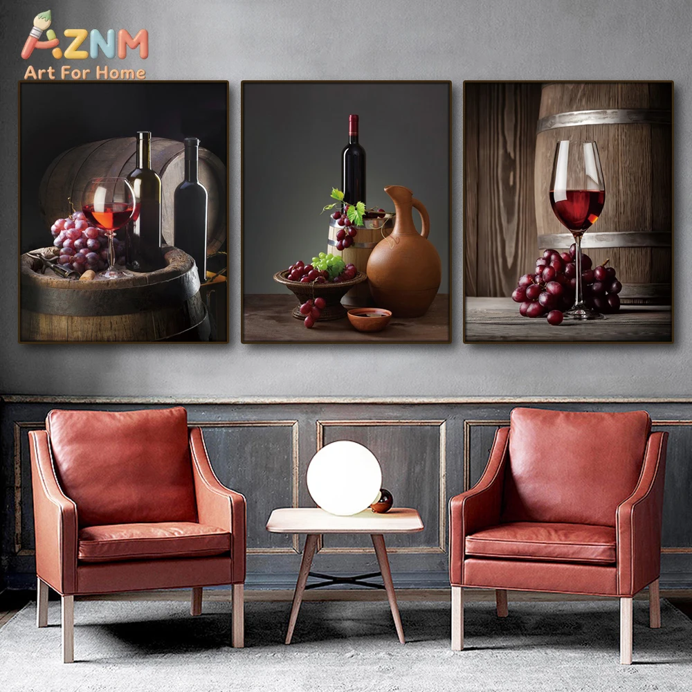 AZNM Vintage Red Wine Grape Barrel Canvas Wall Art Rustic Kitchen Dining Room Still Life Gourmet Aesthetic Unframed Home Decor P