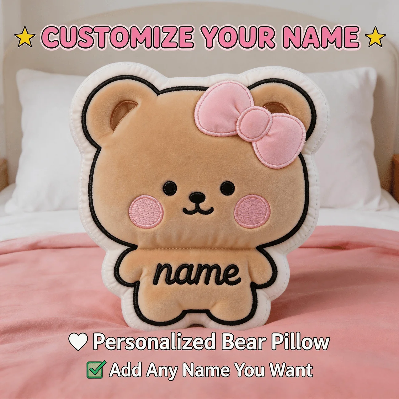 Custom Photo Bear Shaped Pillow Personalized Name & Picture Decorative Cushion with Pink Bow Cute Home Accent for Sofa & Bedroom