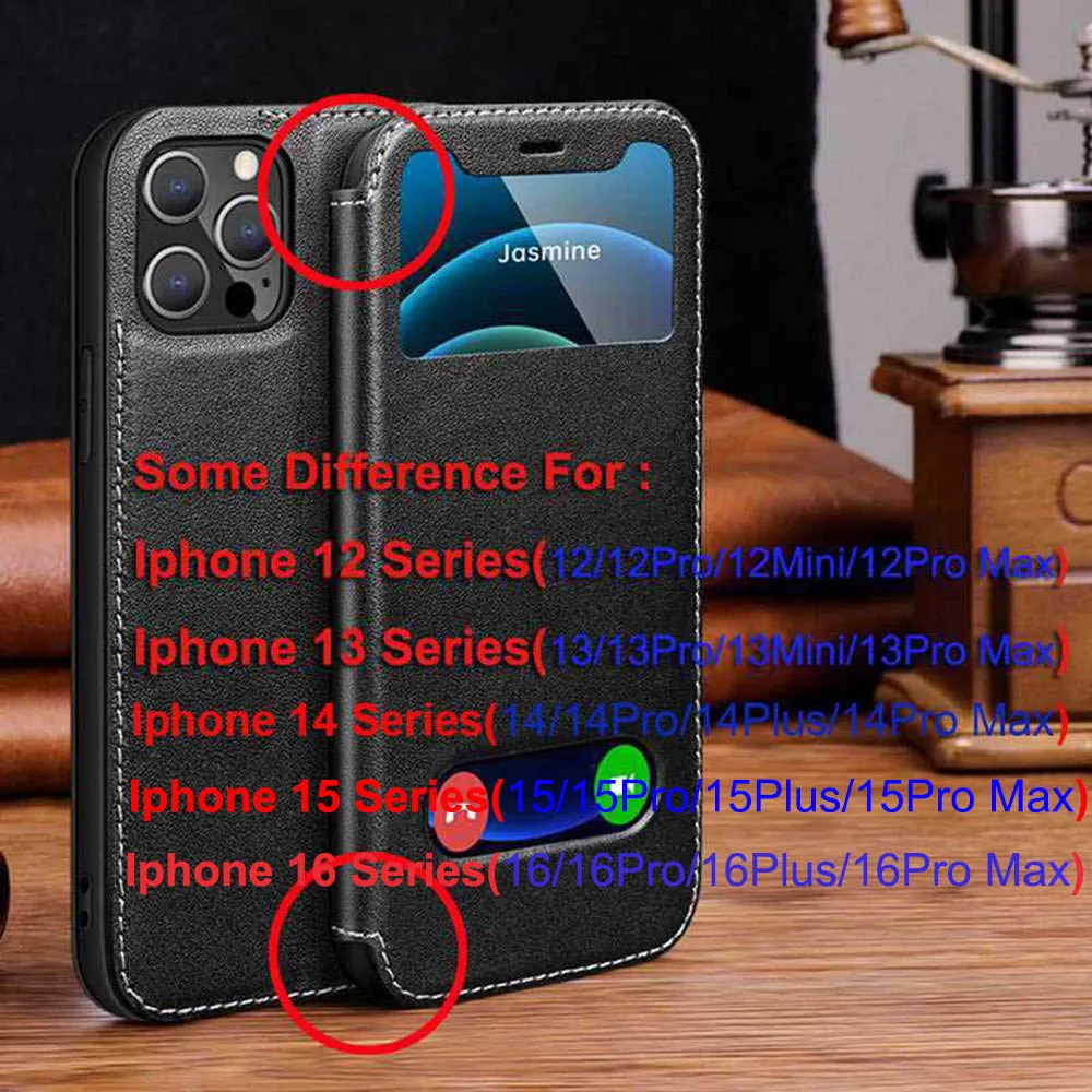 Genuine Leather Case For Iphone 11 12 13 14 15 16 Pro XS Max Case Window View Cover For Iphone XR 14 15 16 Plus Protector
