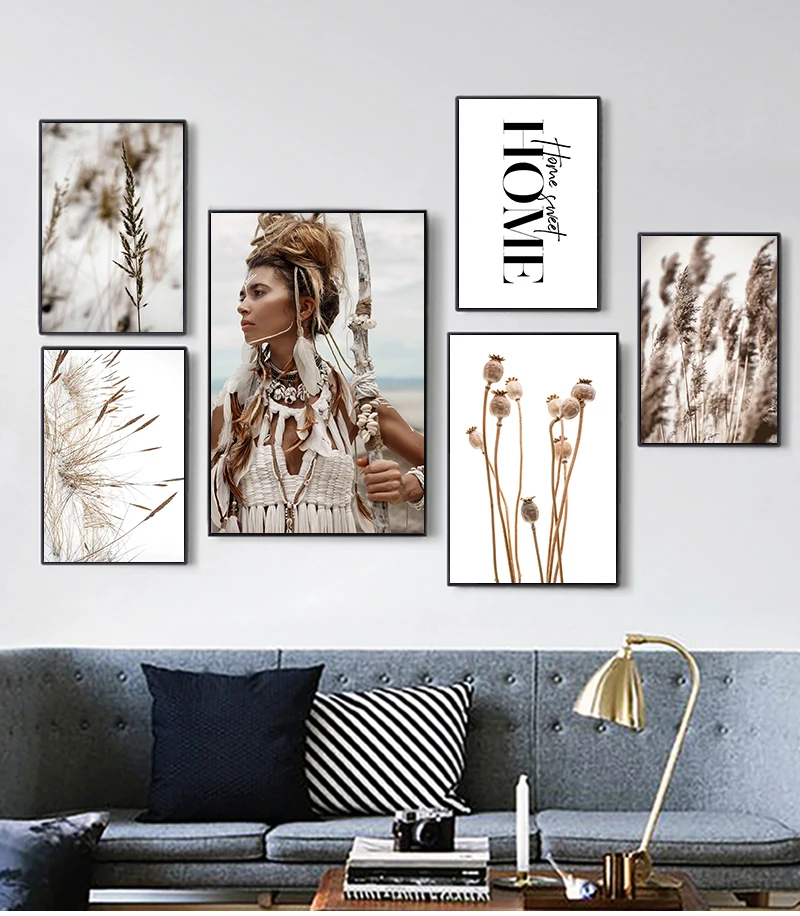 Wild Boho Woman Wheat Plant HOME Quotes Poster Canvas Wall Art Print Nature Landscape Painting Decorative Scandinavian Pictures