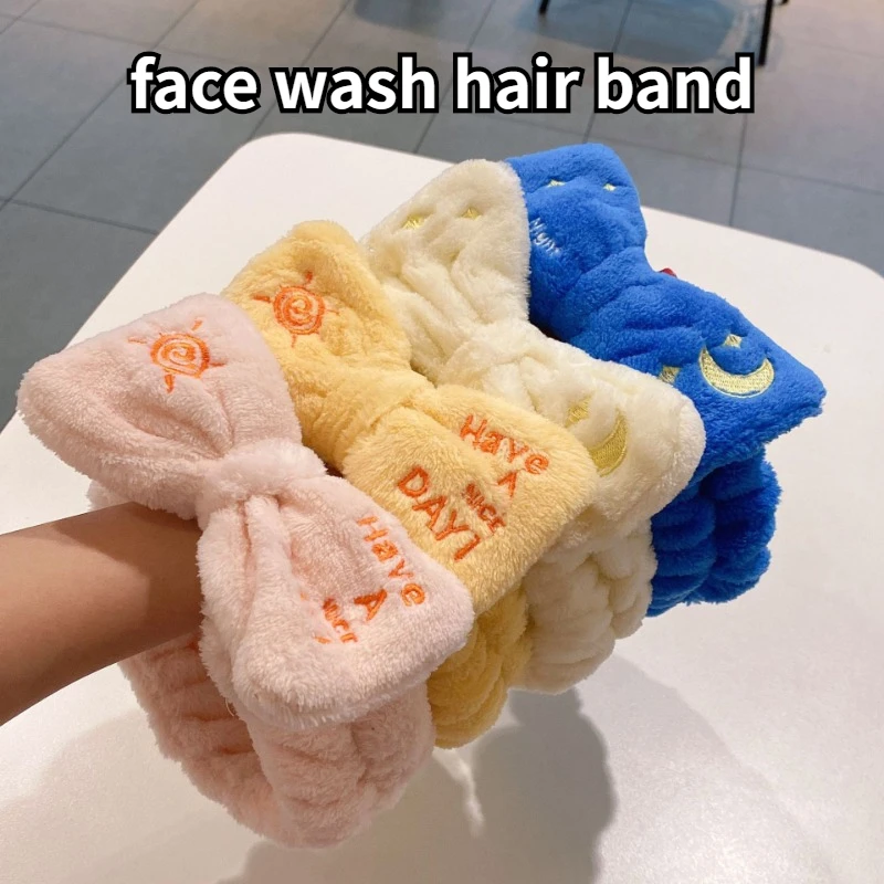 Washing Face Hair Band Embroidery Bow Soft Warm Coral Hair Band Cute Headband Hair Band Washing Face Mask Girls Hair Accessories