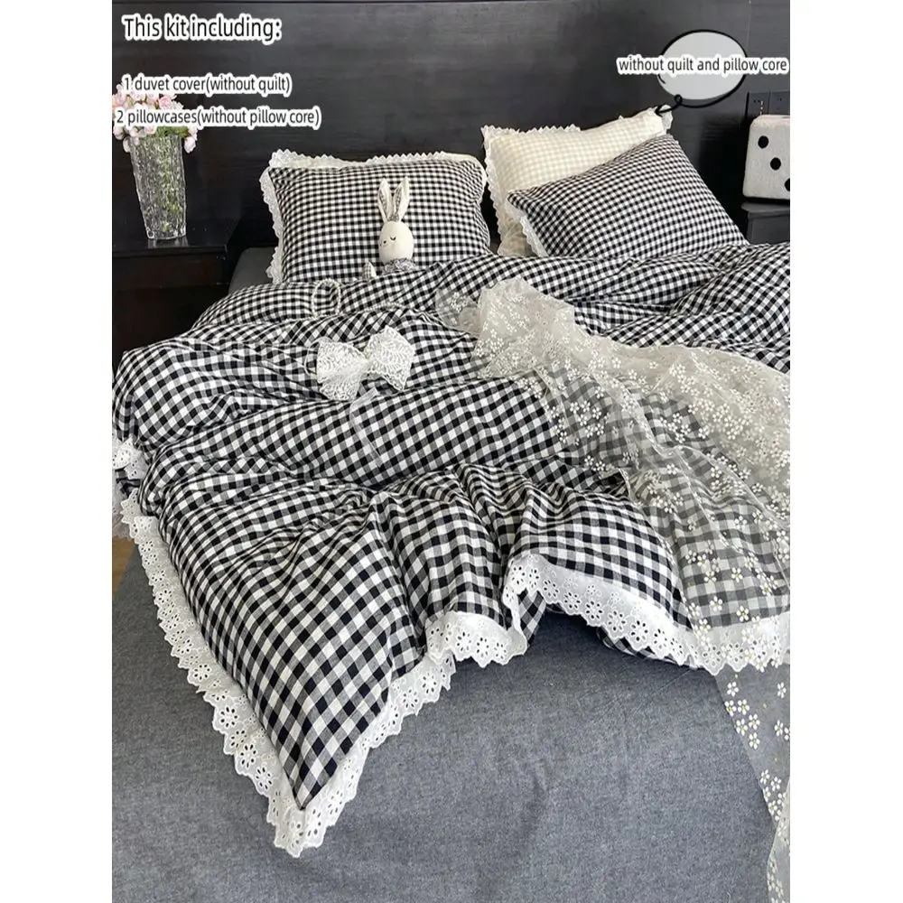 

Black White Plaid Lace Trim Bedding Set, Includes 1 Duvet Cover And 2 Pillow Shams No Filling