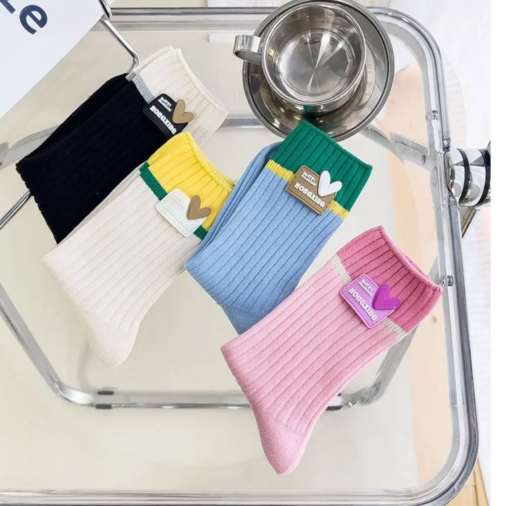 Sweet Mid-tube Color Matching Double Needle Socks Cotton Harajuku Casual Socks Soft Comfortable Female Hoisery Outdoor