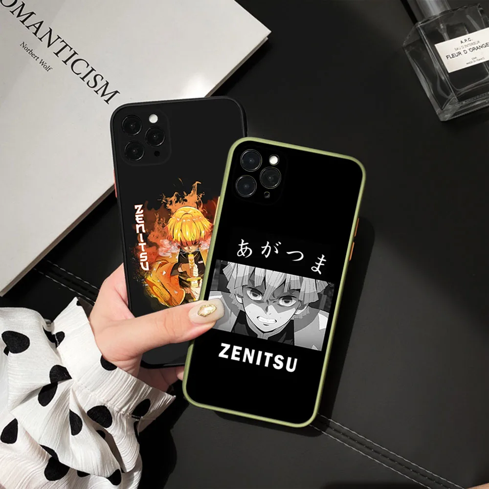 For iphone 16 15 Pro 14 13 12 Mini 11 7 8Plus XS Max XR Agatsuma Zenitsu Demon Slayer Frosted Translucent Cover Black Phone Case