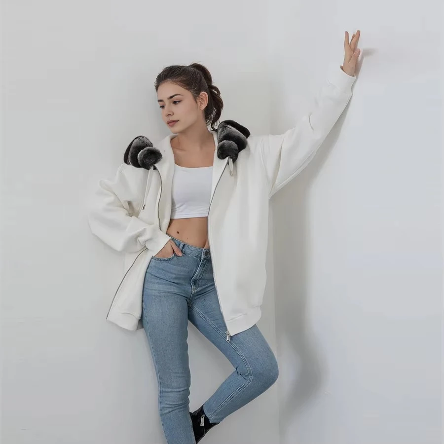 

Women New Real Rex Rabbit Fur Jacket Autumn Winter Jacket Hooded Cashmere Jacket Warm Luxury