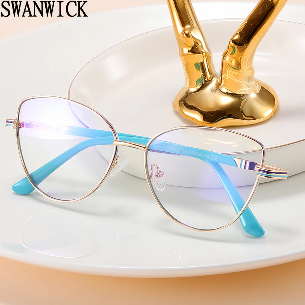 

Swanwick blue light blocking glasses fashion female metal cat eye glasses frames for women black blue clear lens dropshipping