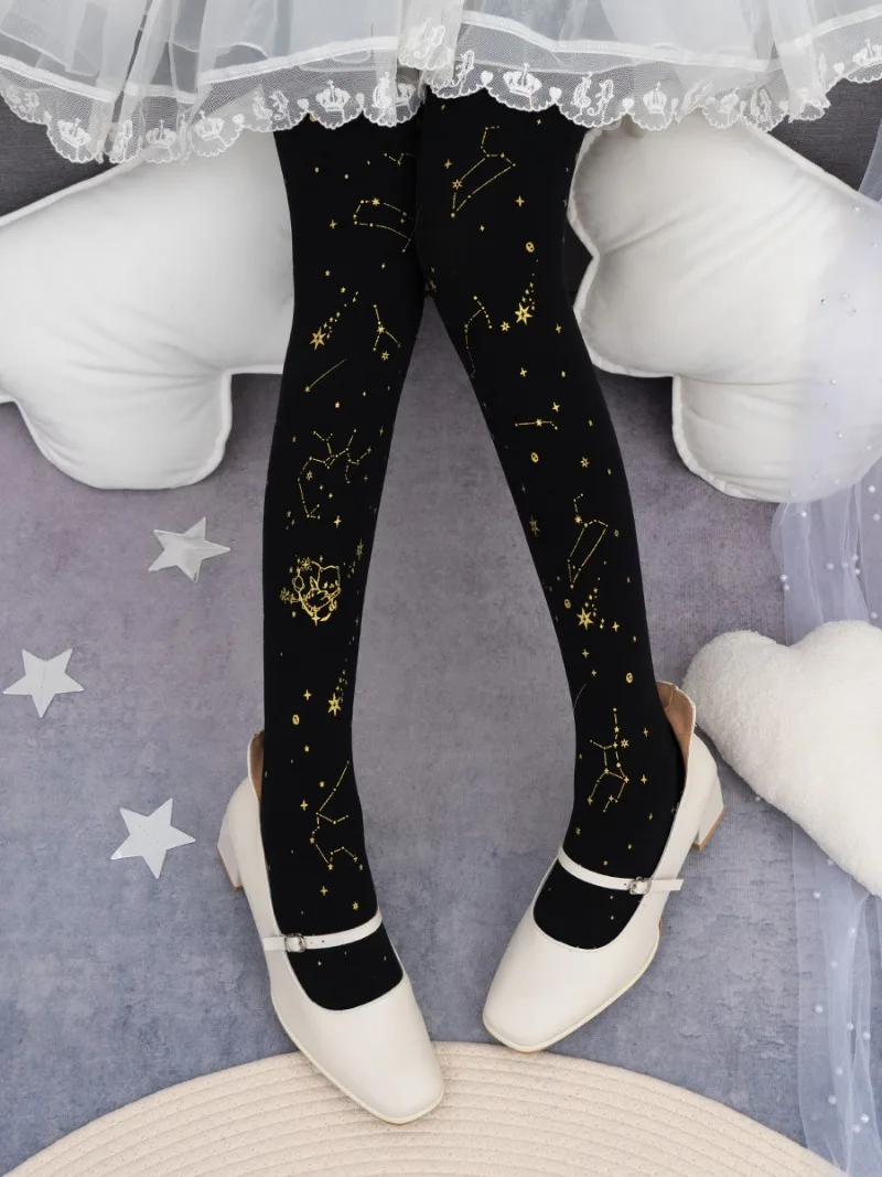 Japanese Lolita Black Silver Tights Starry Sky Cat Galaxy Constellation Rojita Pantyhose 2025 Spring And Autumn Socks For Ladies
