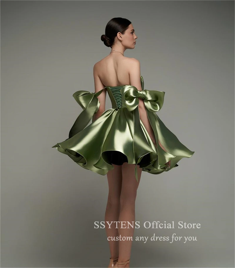 Green Short Satin Evening Dresses Spaghetti Straps With Bow Off the Shoulder Birthday Party Cocktail Dresses Lace-up Robe De Bal