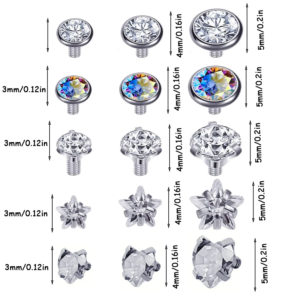 1PC 14G Grade 23 Titanium Dermal Tops and Dermal Base Internally Threaded Clear Star Heart Round Gem Top Piercing Jewelry