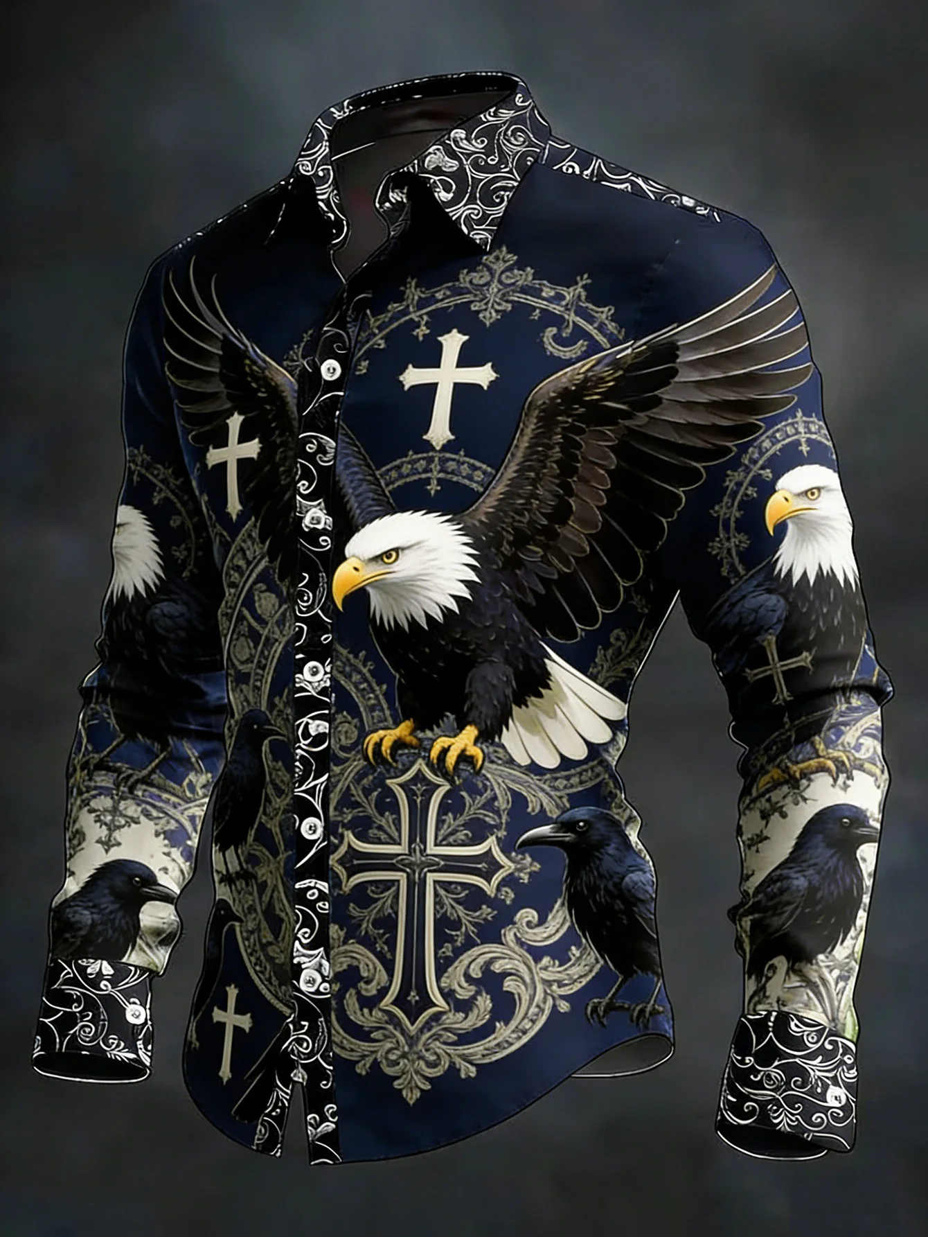 

Men'S Trendy Style Eagle And Cross Digital Print Shirt, Turn- Collar for Style, Ideal for Daily Streetwear, Smooth Texture, Perf