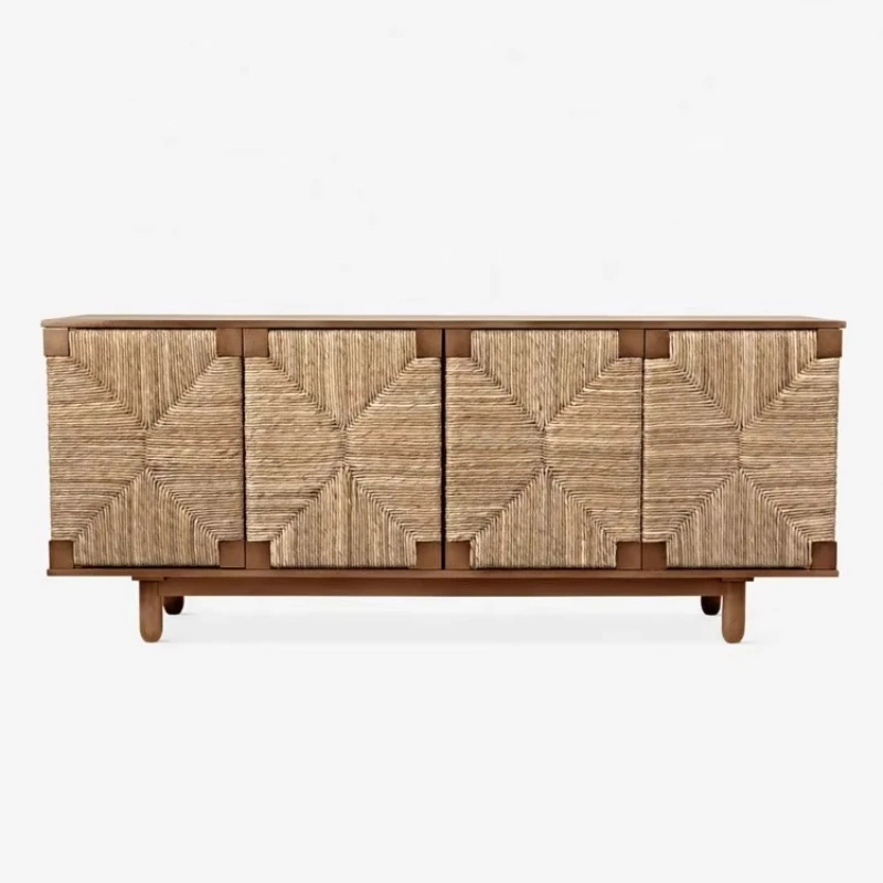 

Mid-century modern four-door sideboard solid oak rattan living room furniture