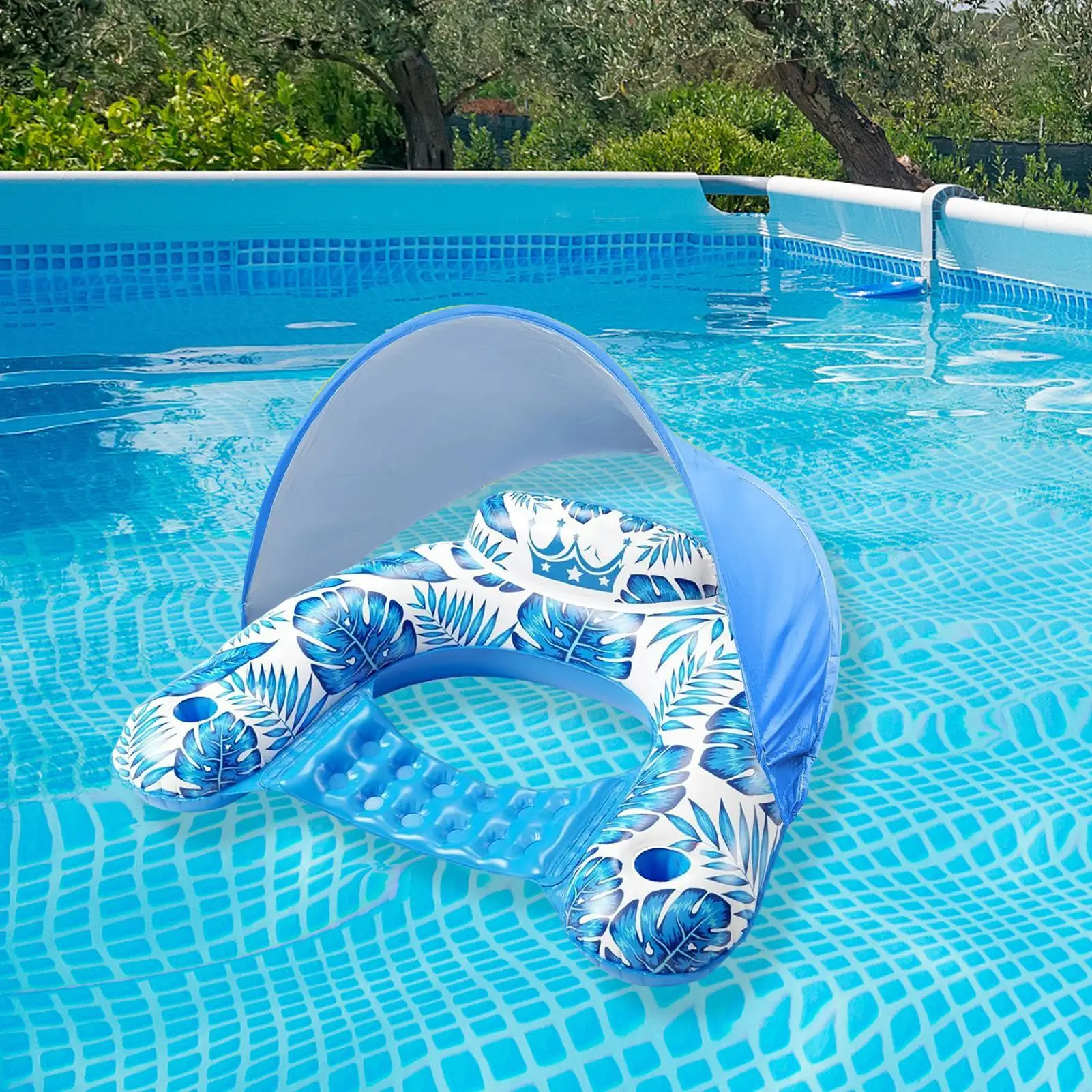 Flotteur de piscine gonflable avec auvent pour adultes, radeau robuste avec support, flotteur d'eau pour la natation, la rivière, la plage et l'extérieur