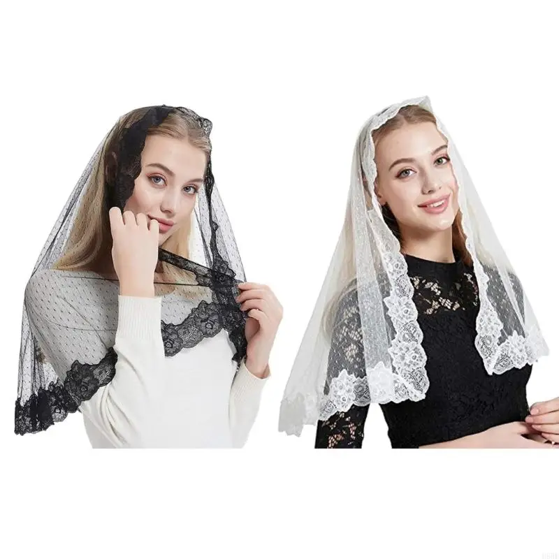 H58E Lace Border Bridal Veils Halloween Make Up Mantilla Length Appliques Elegant