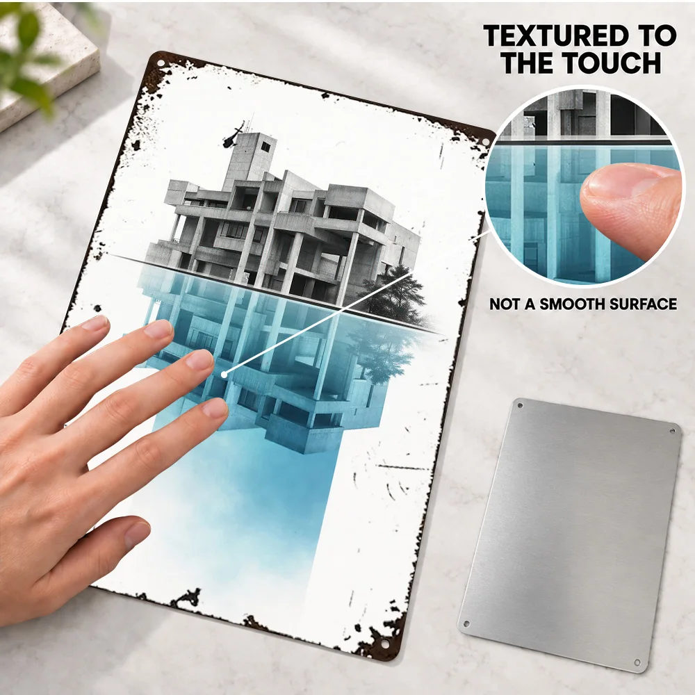 Brutalist Architecture Reflection Concept Textured Metal Poster Bold Design Bedroom Wall Art Customized Aluminum Sign Fan Gift