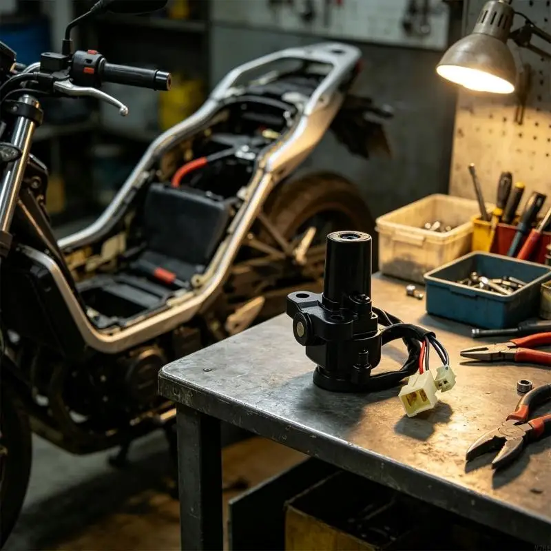 M76E Motorrad-Ersatzschloss mit schwarzem Schlosskörper, silberner Metallkappe, zwei Schlüsseln und zwei elektrischen Kupplungskabelbäumen. – Detail 5