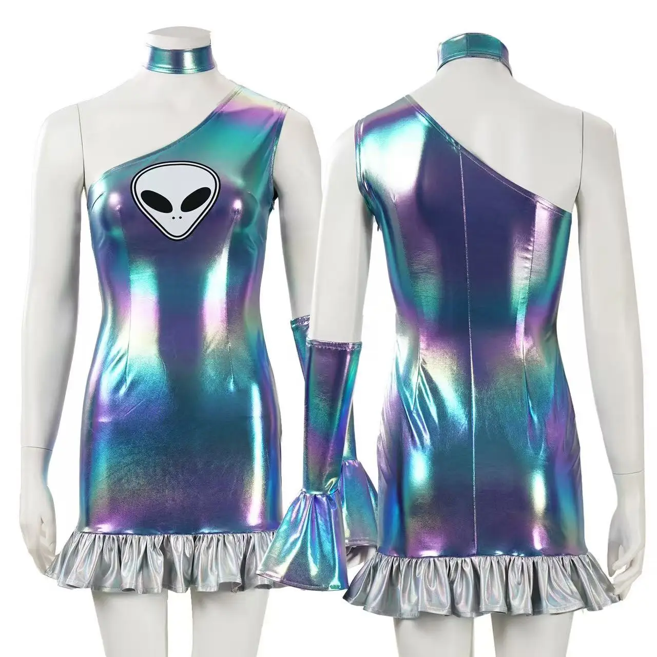 

Futuristic Robot Space Suit Cosplay Costume | Shiny Metallic Color Block Dress